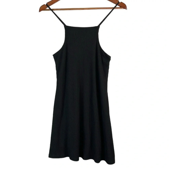 HARLOW Black Ribbed Sleeveless A-line Mini Tank Dress Lined Spaghetti Strap S - Picture 2 of 9